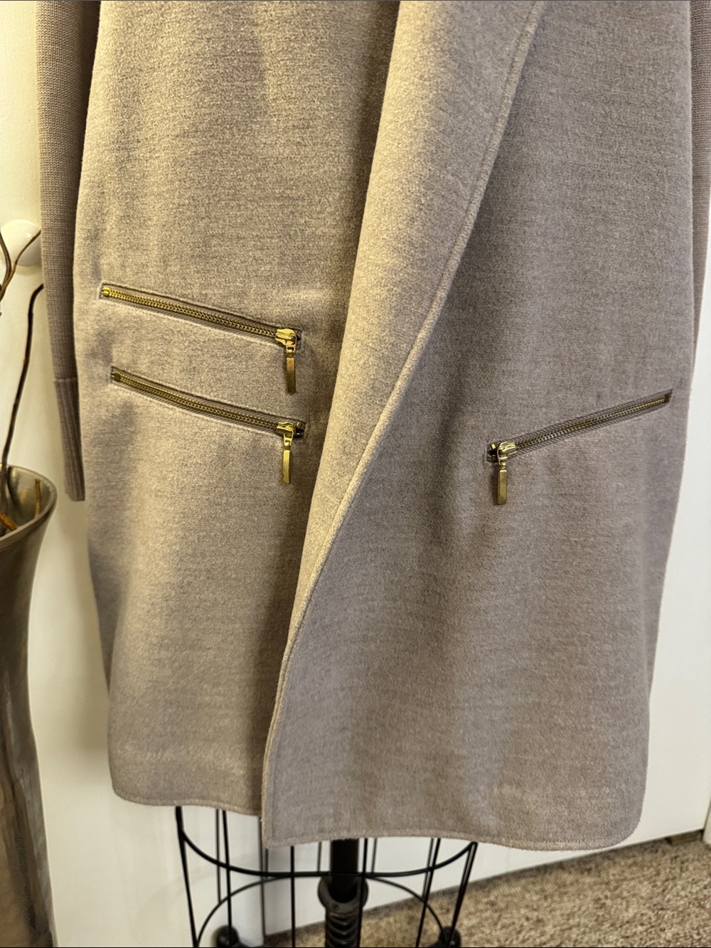 Chico's Taupe Open-Front Trench Coatigan with Gold Zippers - Picture 3 of 7